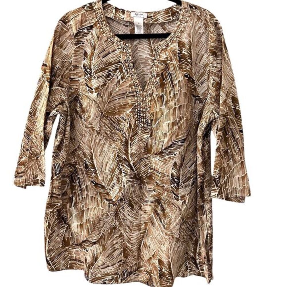 Liz & Co Woman Cotton Brown & White Leaf Print V-Neck Tunic Beads Size 2X